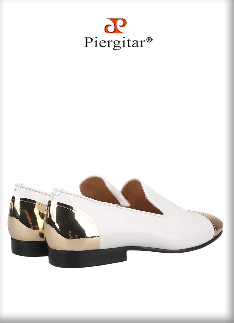 Piergitar Black/White Patent Leather Slip-On Slippers For Party Customised Front And Rear Metal Buckles Handmade Men's Loafers