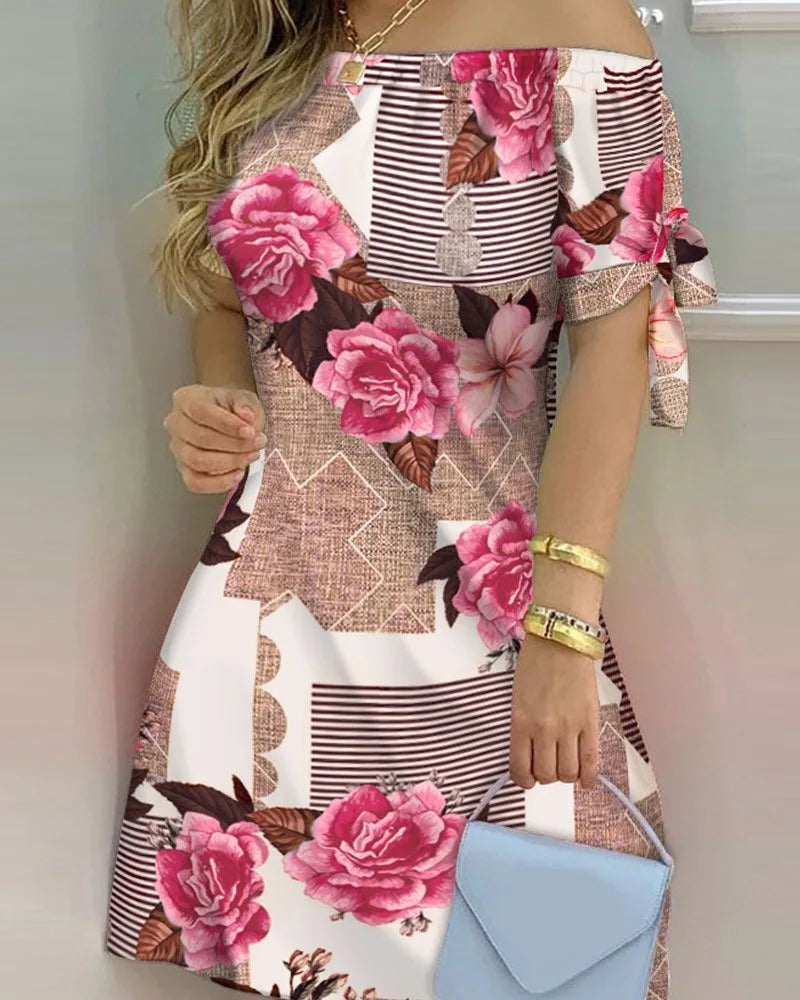 3XL Women's Casual Gradient Off Shoulder Short Sleeve Dress Bow Print Mini Dress