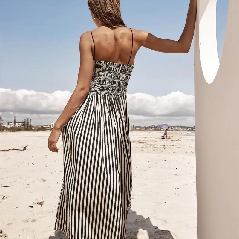 2025 Women's Summer Style Striped Rubber Elastic Sexy Big Swing Bag Suspender Dress Club Clothing Vestidos