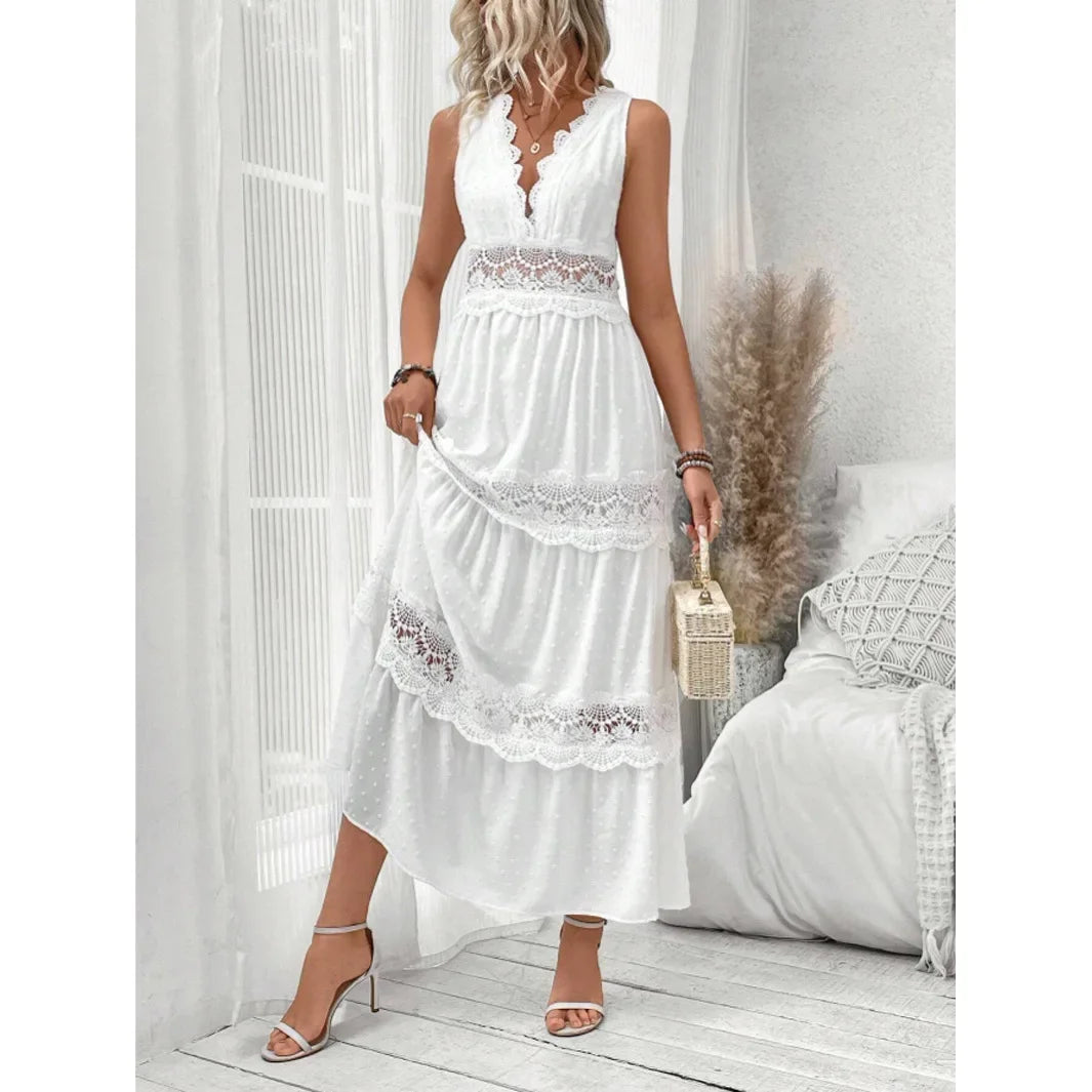 Women's Lace Stitching V-neck Sleeveless Dress High Waist White Ankle Length Sexy Long Dress