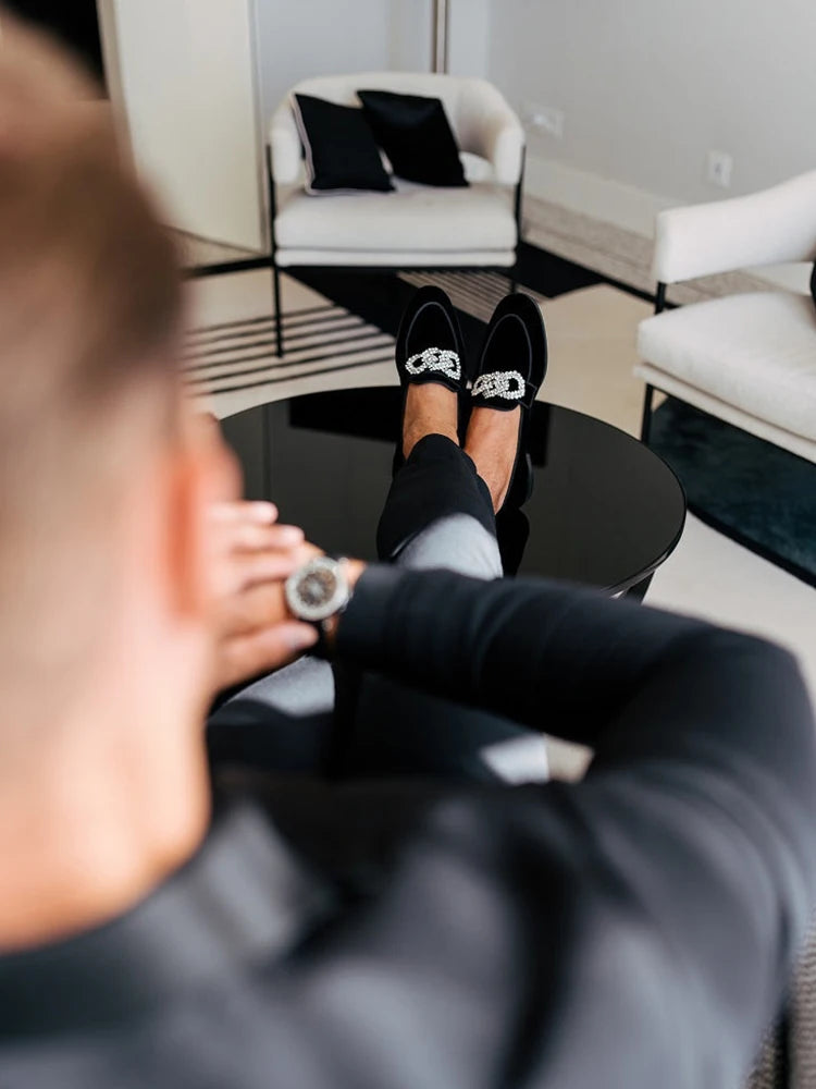 Piergitar Black Velvet Slippers With Matching Gros-grin Piping And Chain-Shaped Allover Crystals Handmade Slip-On Men's Loafers