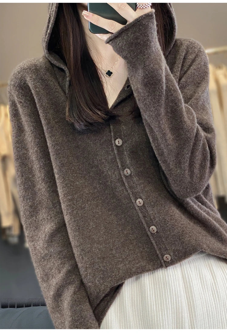 First Line 100% Merino Wool Knitted Cardigan Women's Autumn And Winter Hoodie Loose Sweater Fashionable Versatile Coat Top YC014
