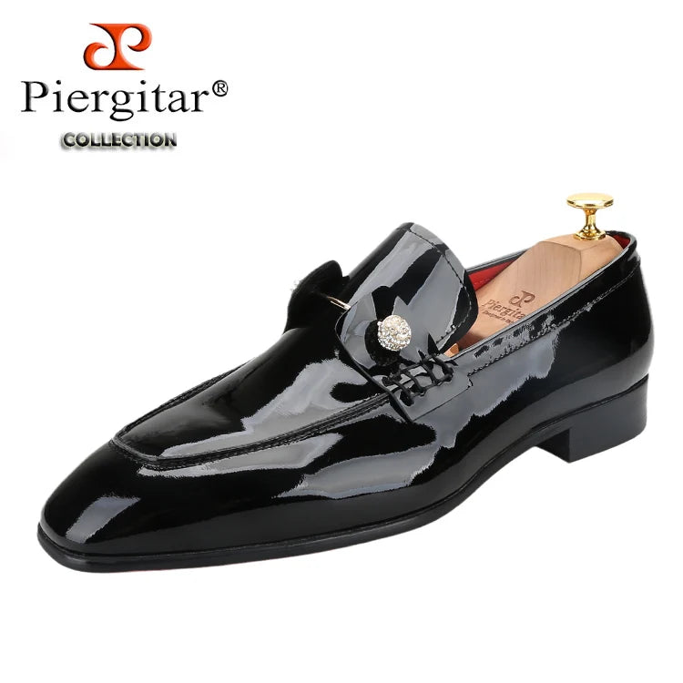 Piergitar Black Patent Calf Leather Men's Loafers With Silver Balls Crystals Buckles Handmade Moccasins For Wedding Or Prom Wear