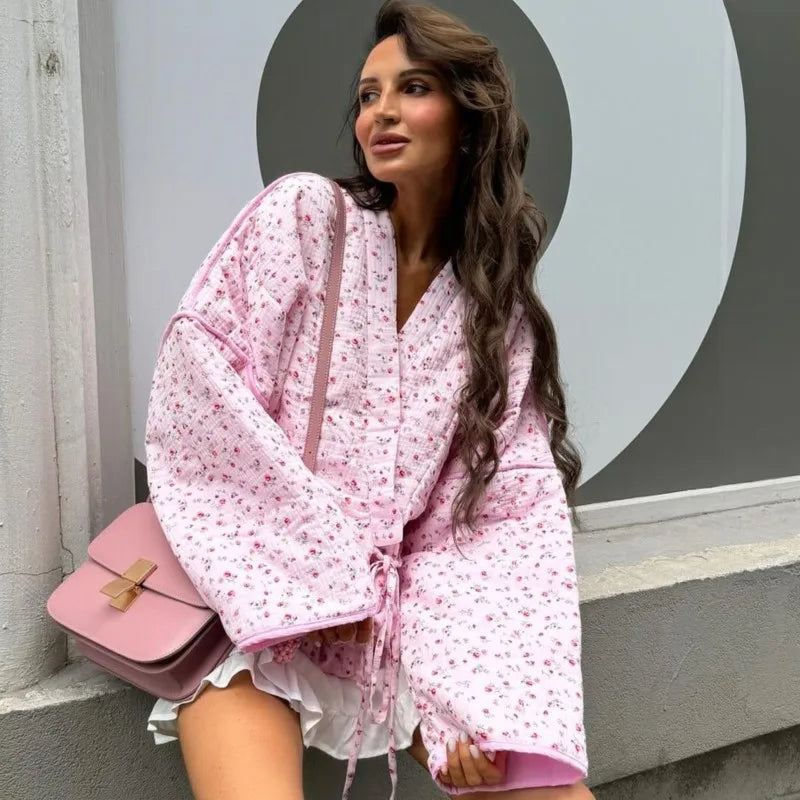 Floral Printed Women's Cardigan Cute Lace up Pink Women Coat Casual Loose Autumn Warm Coats Fashion New Ladies Coats Outerwear
