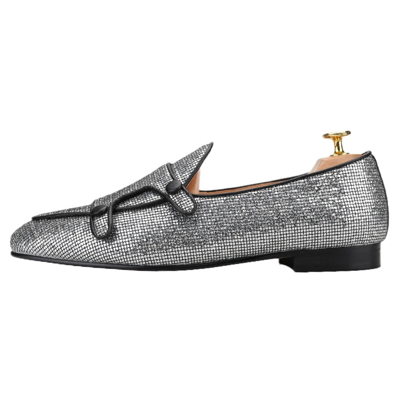 The New Style Square Glittering Silver Belgian Loafers with Double-Monk Moccs Handmade in GuangZhou