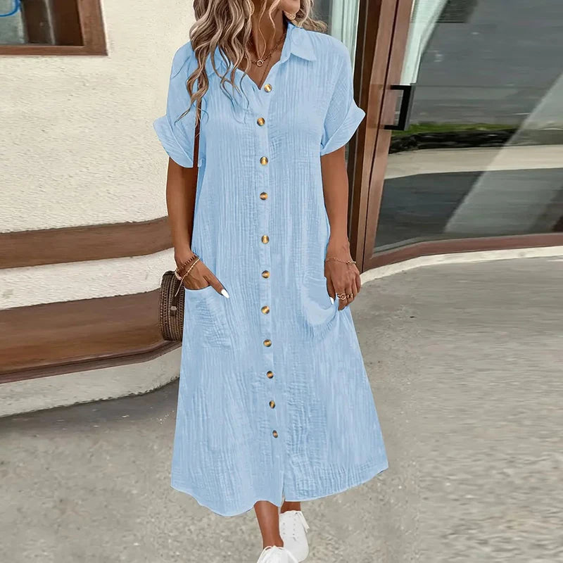 Women's Cotton Linen Short Sleeve Pocket Casual Shirtdress with V-Neck and Button Up Holiday Dresses
