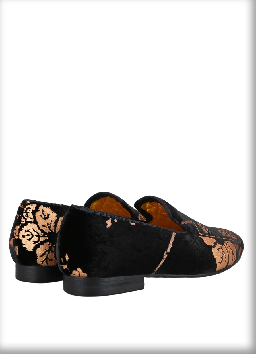 Customized Chinese style slip-on smoking shoes with gold totem print on black velvet.