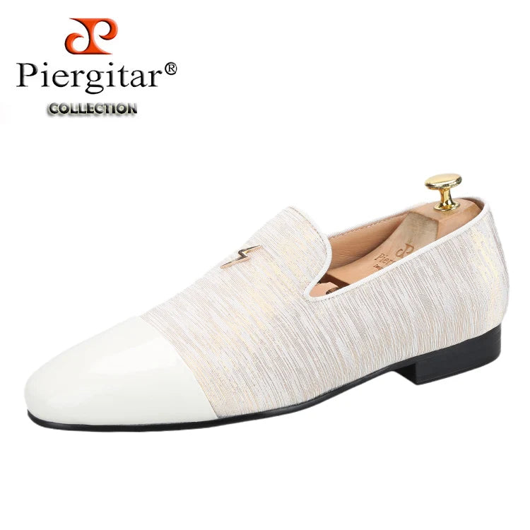 Piergitar 2023 New Three Colors Striped Silk Men's Loafers With Front Patent Leather Handmade Moccasins For Party And Banquet