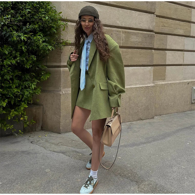 Solid Color Lapel Suit Woman Loose Long Sleeves Double Breasted Jackets Casual Versatile Chic Women's Spring Summer New Coats