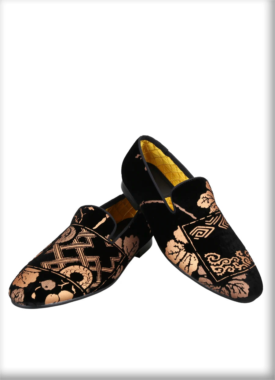 Customized Chinese style slip-on smoking shoes with gold totem print on black velvet.