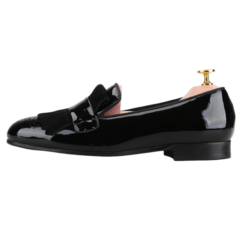 Piergitar New Style Handmade Patent Leather Shoes With Classical Brogue Printing And Suede Fringe Party/Wedding Men's Loafers