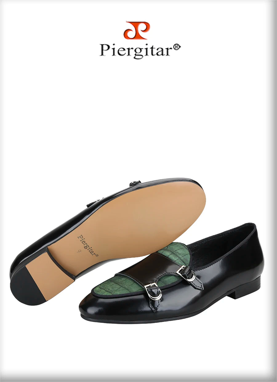 Piergitar Black Polished Leather Patchwork Green Crocodile Suede Men's Monk Shoes Handmade Slip-On Loafers For Wedding And Party