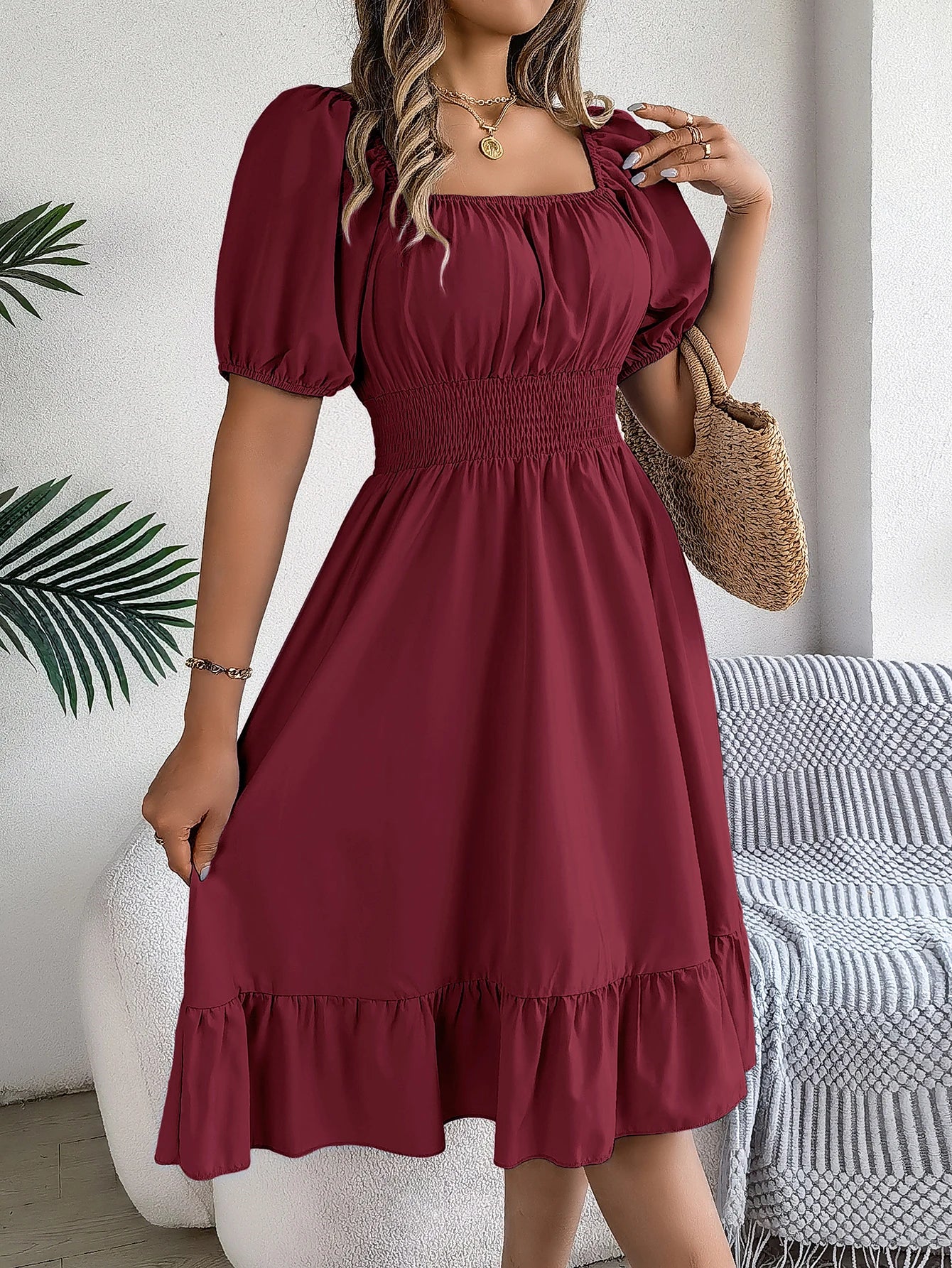 2024 New Fashion Solid Puff Sleeve Square Neck Ruched Bust Ruffle Hem Wasit Dress, Women's Clothing