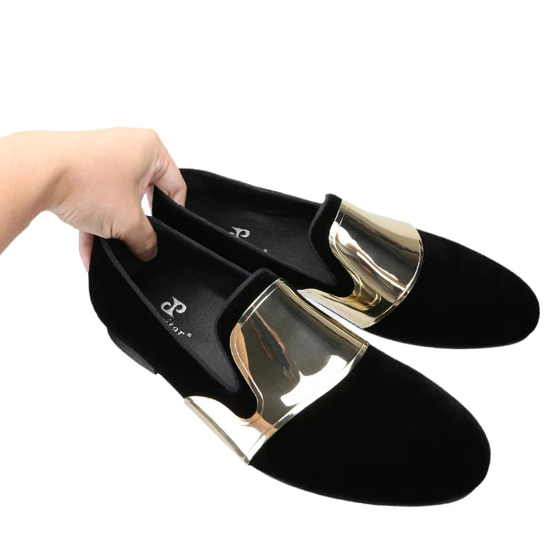 Piergitar Handmade Men Velvet Shoes With Across Gold Metal Buckles For Formal Suit Wear Fashion Party Slip-On Loafers Plus SIze