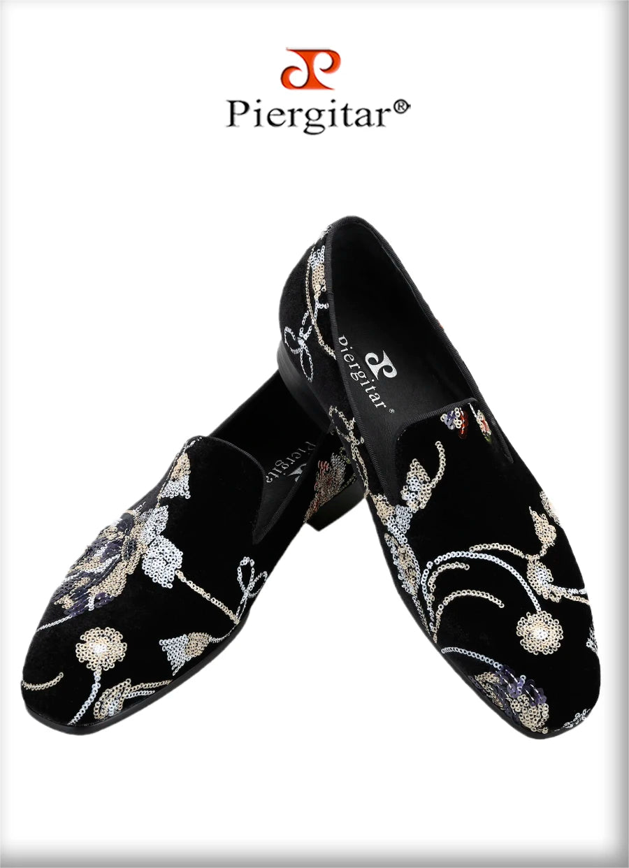 Piergitar Black And Grass Green Velvet With Handmade Classical Chinese Style Sequin Embroidery Men's Loafers Red Sole Moccasins
