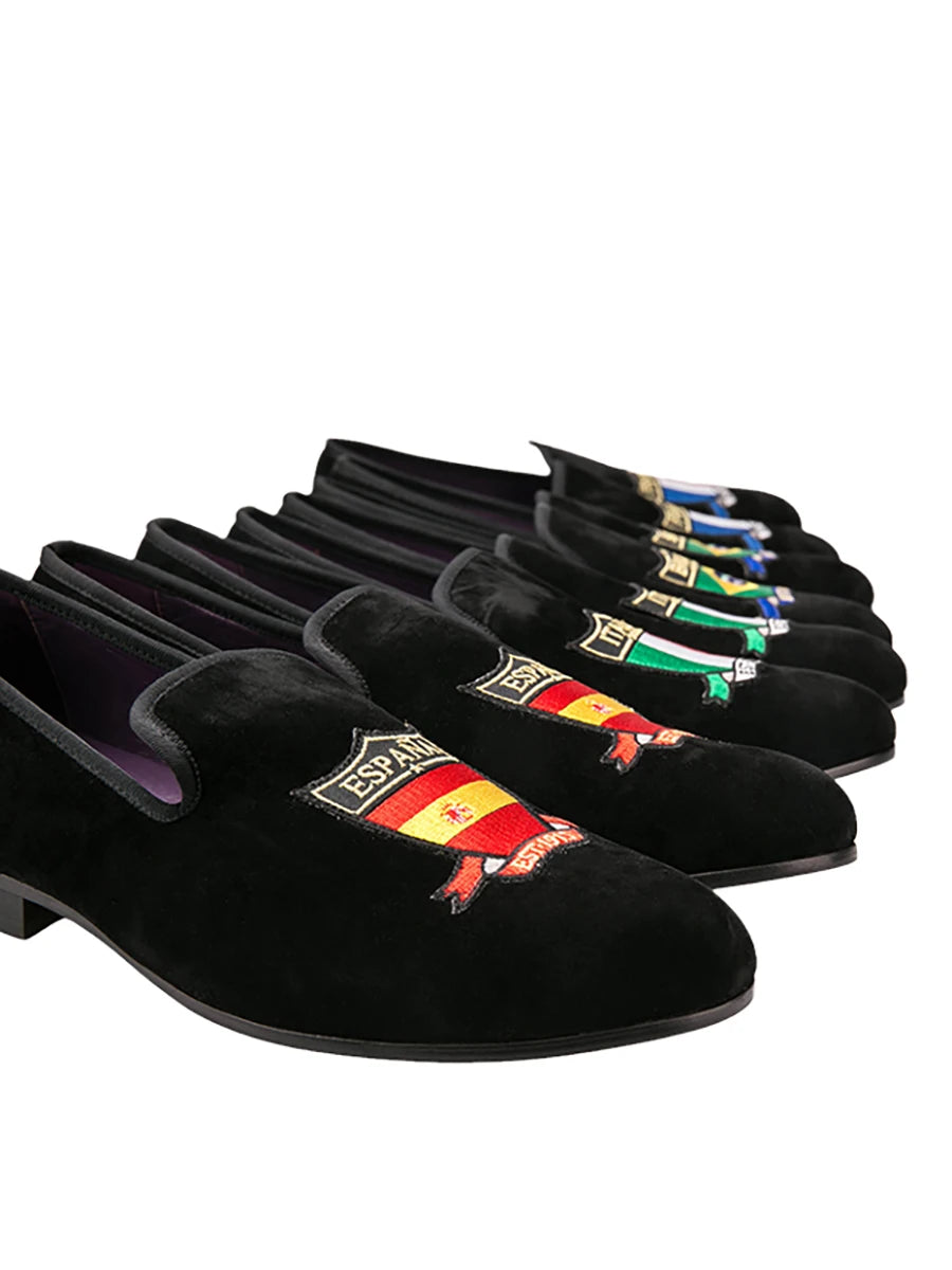 Piergitar Handmade Embroidery Of Four Powerful Football Countries Black Velvet Men Loafers Genuine Leather InSoles And Outsoles