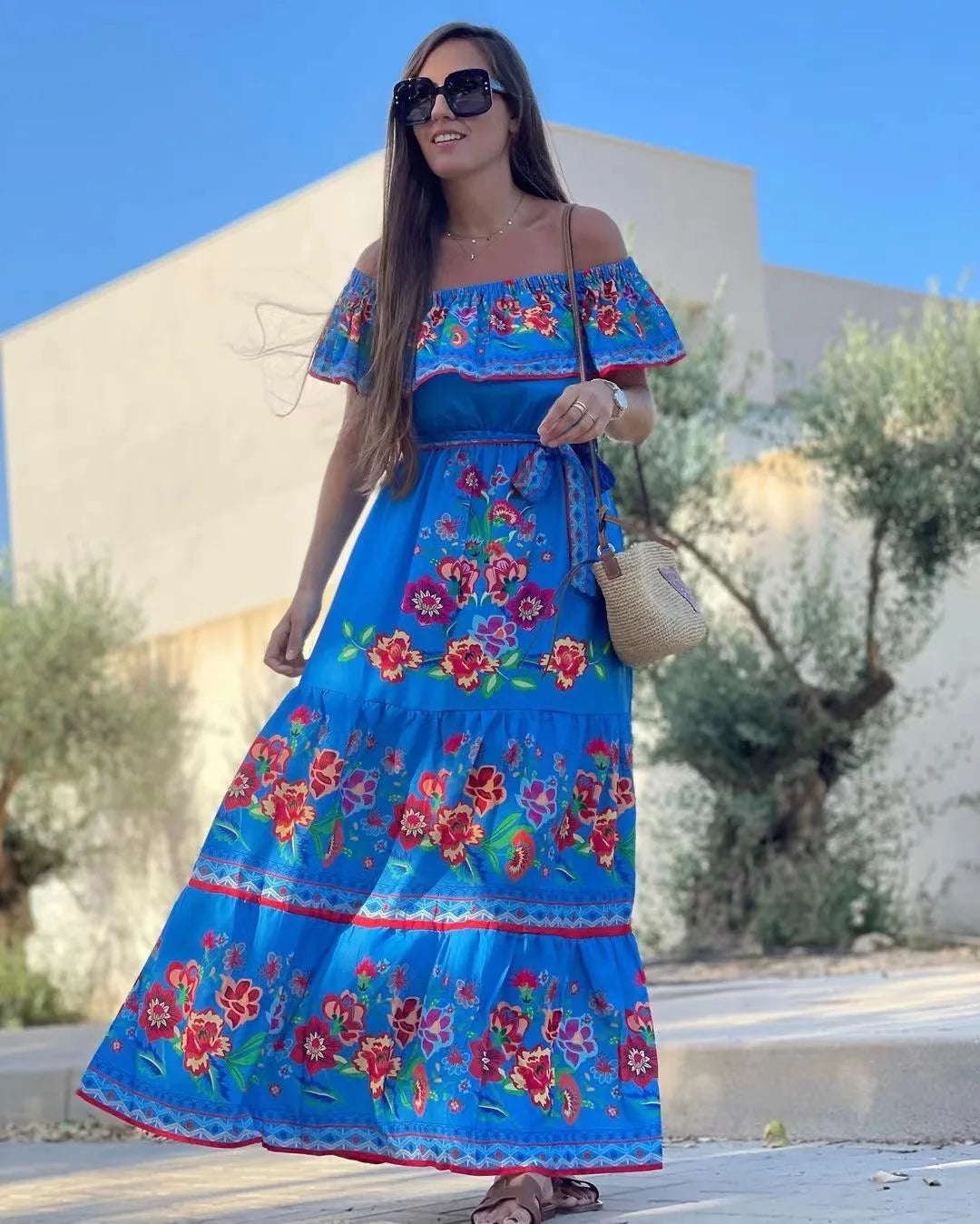 2024 Spring/Summer New Women Retro Fashion One Shoulder Red Flower Printed Waist Collection Long Style Large Swing Casual Dress