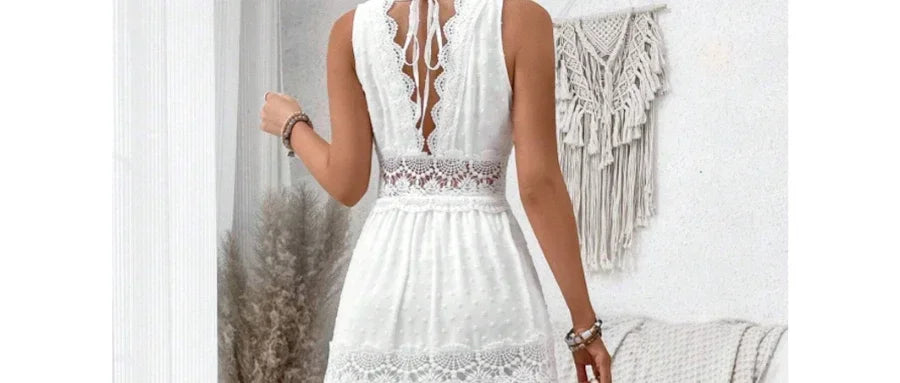 Women's Lace Stitching V-neck Sleeveless Dress High Waist White Ankle Length Sexy Long Dress