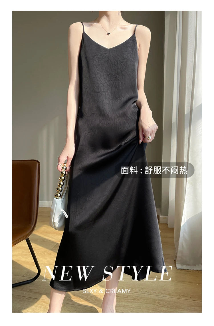 2025 New 100% Anti Wrinkle Mulberry Silk Strap Dress for Women's Summer New Loose Long Skirt