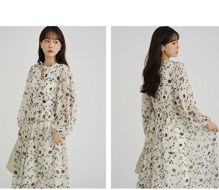 Floral Midi Dress Women Sweet A-Line Long Sleeve Hollow Out Dress Elegant High Waist Casual Long Dress Daily or Vacation Outfits