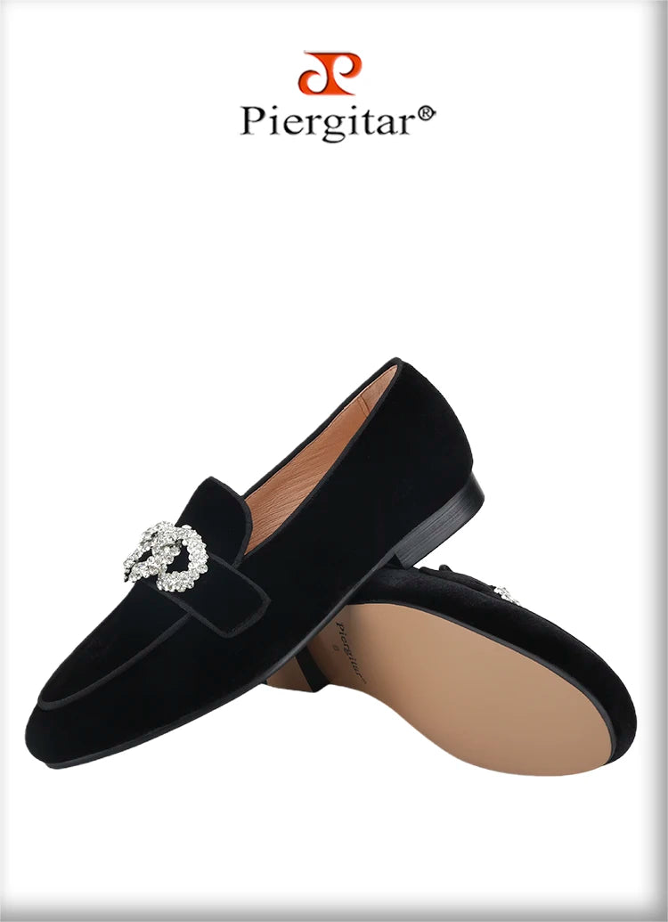 Piergitar Black Velvet Slippers With Matching Gros-grin Piping And Chain-Shaped Allover Crystals Handmade Slip-On Men's Loafers