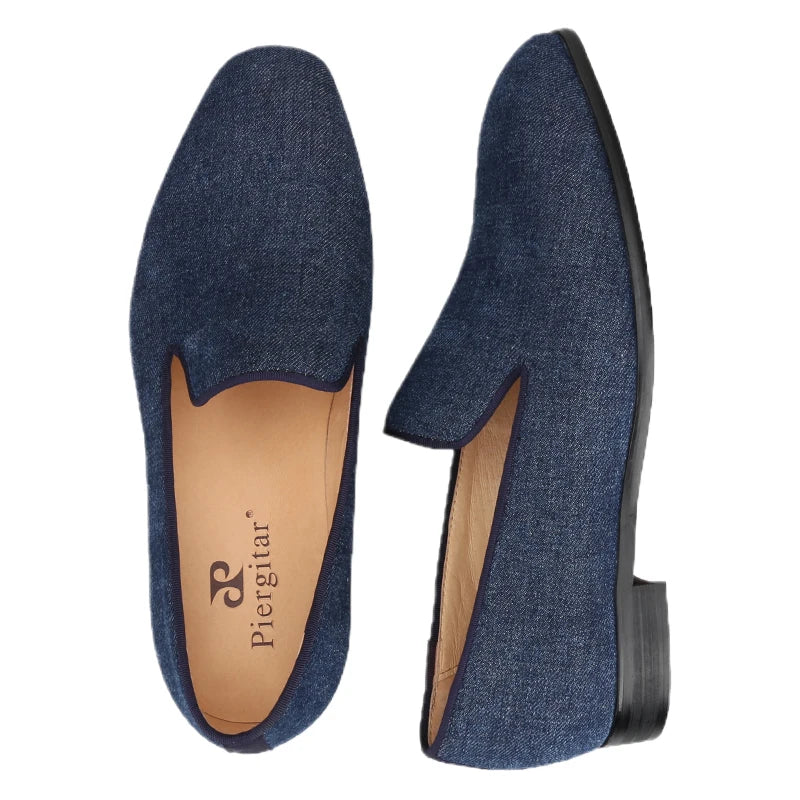 New Summer Style Navy Denim Mens Loafers with Red Outsole and Breathable Leather Insole plus Size