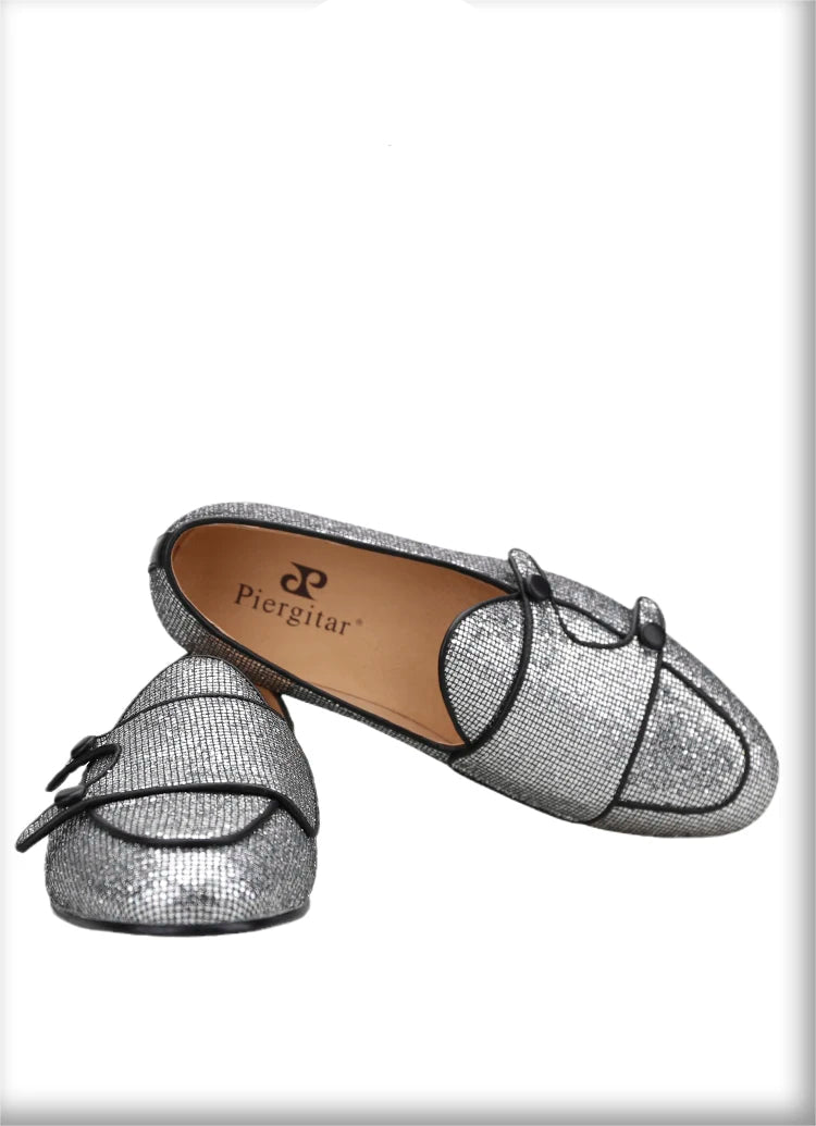 The New Style Square Glittering Silver Belgian Loafers with Double-Monk Moccs Handmade in GuangZhou