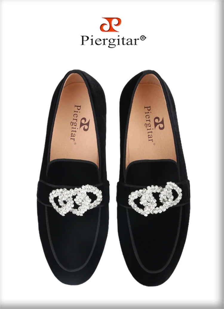 Piergitar Black Velvet Slippers With Matching Gros-grin Piping And Chain-Shaped Allover Crystals Handmade Slip-On Men's Loafers