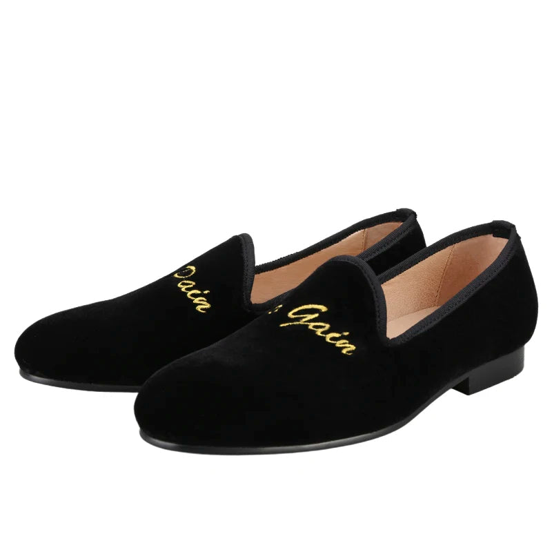 Black Velvet Moccasins with Gold Personality Embroidery for Party and Banquet Handmade Slip On Loafers