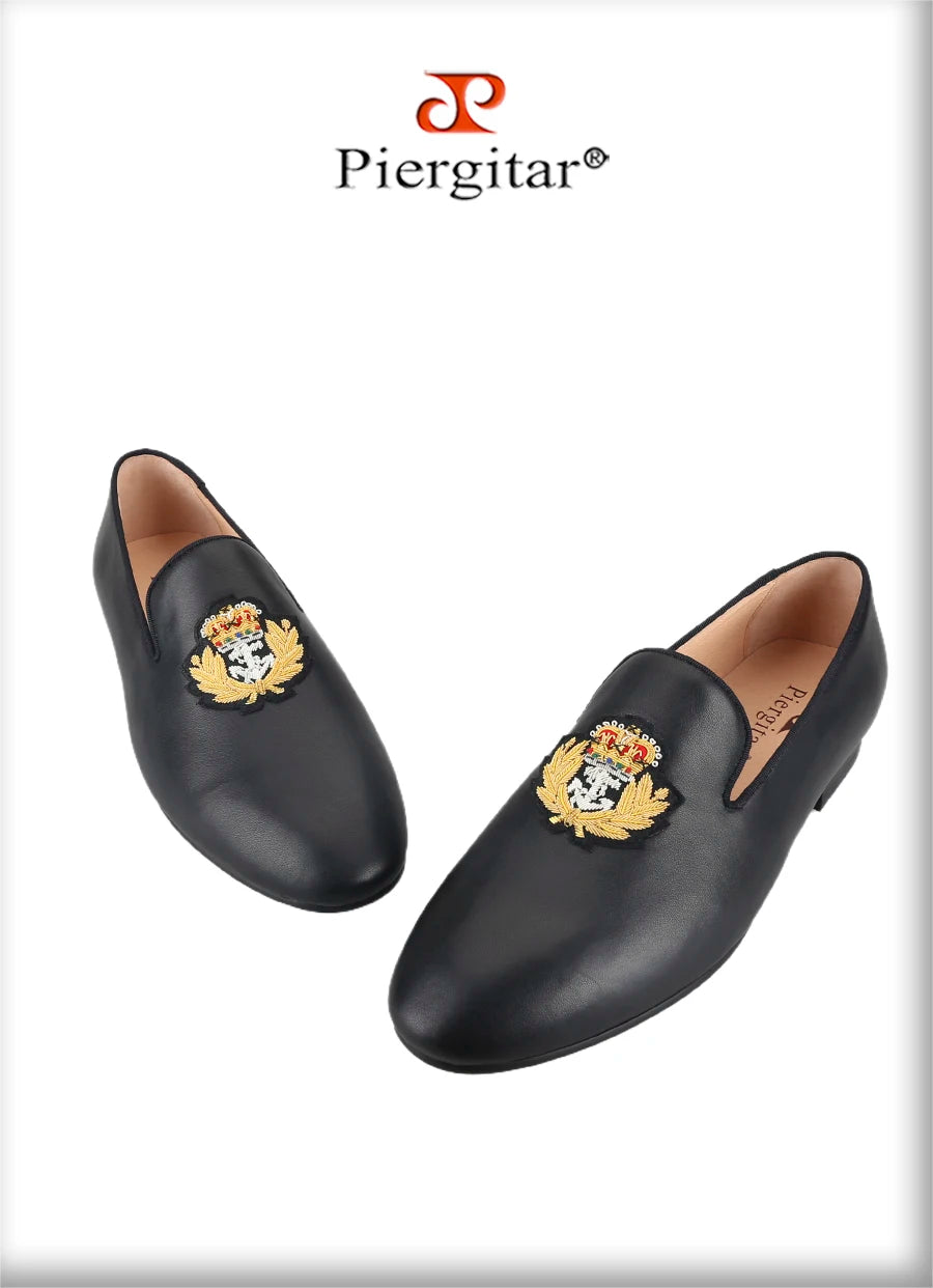 Piergitar Summer New Arrival Cow Leather Men Loafers With Luxurious Royal Style Gold Embroidery For Party Handmade Slip-On Shoes