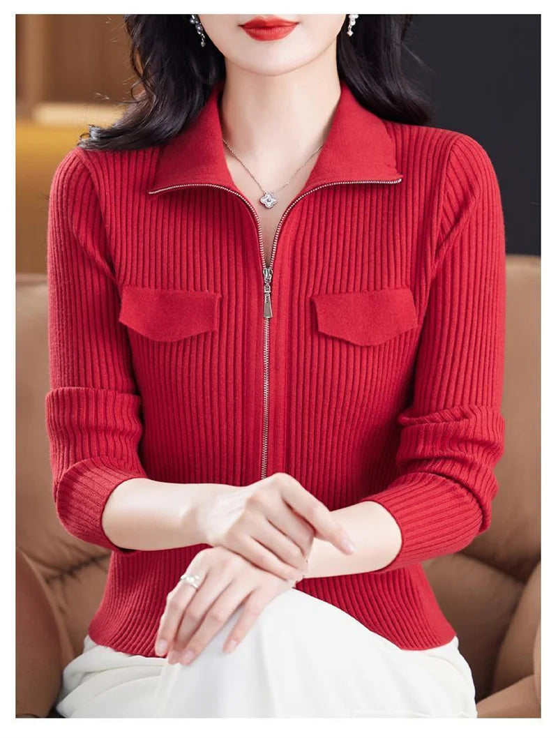 Spring Autumn Women Knitted Sweater Cardigan Short Jacket 2025 New Korean Fashion Zipper Solid Turn-Down Knit Coat Female Tops