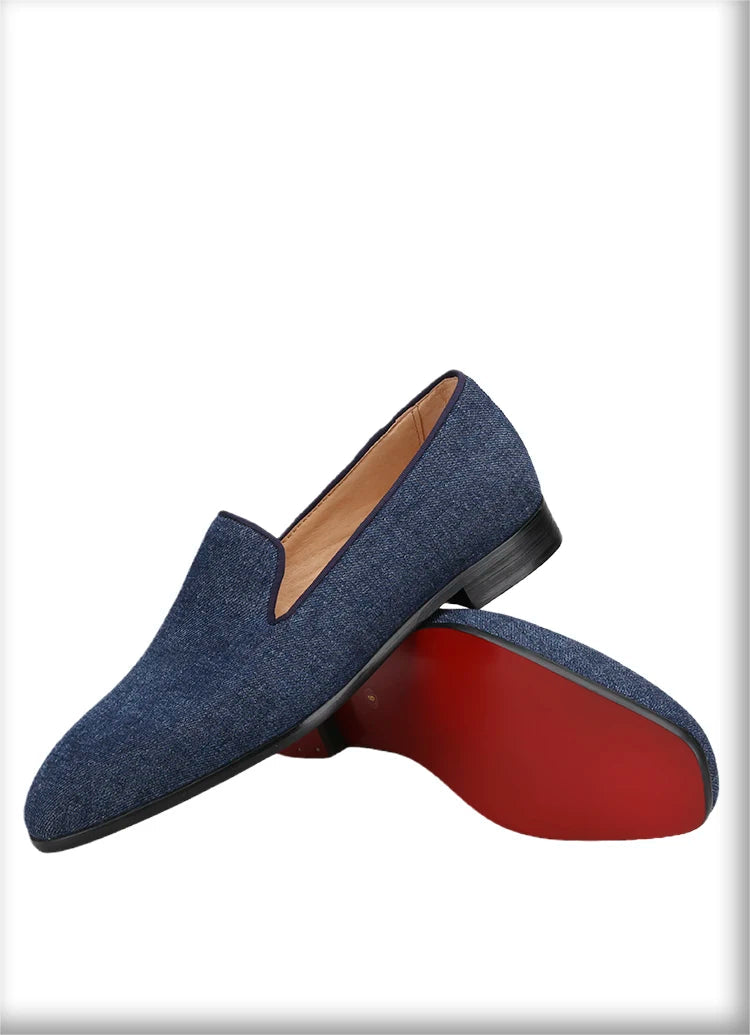 New Summer Style Navy Denim Mens Loafers with Red Outsole and Breathable Leather Insole plus Size