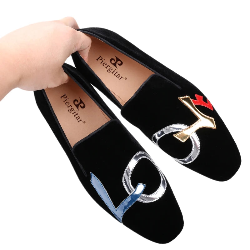 Handmade Black Velvet Shoes Featuring "LOVE", Leather Letters for Fashion Party CL Same Style Men's Loafers