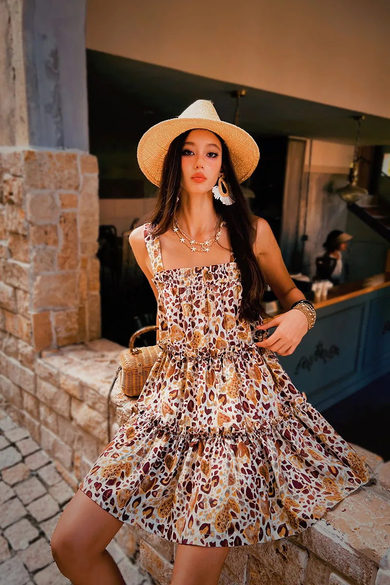 Summer Print Spaghetti Strap Dress Women's Dress Backless Long Camisole Dress Knee-Length Skirt Y2K 2025 New DABUWAWA DM2BDR002