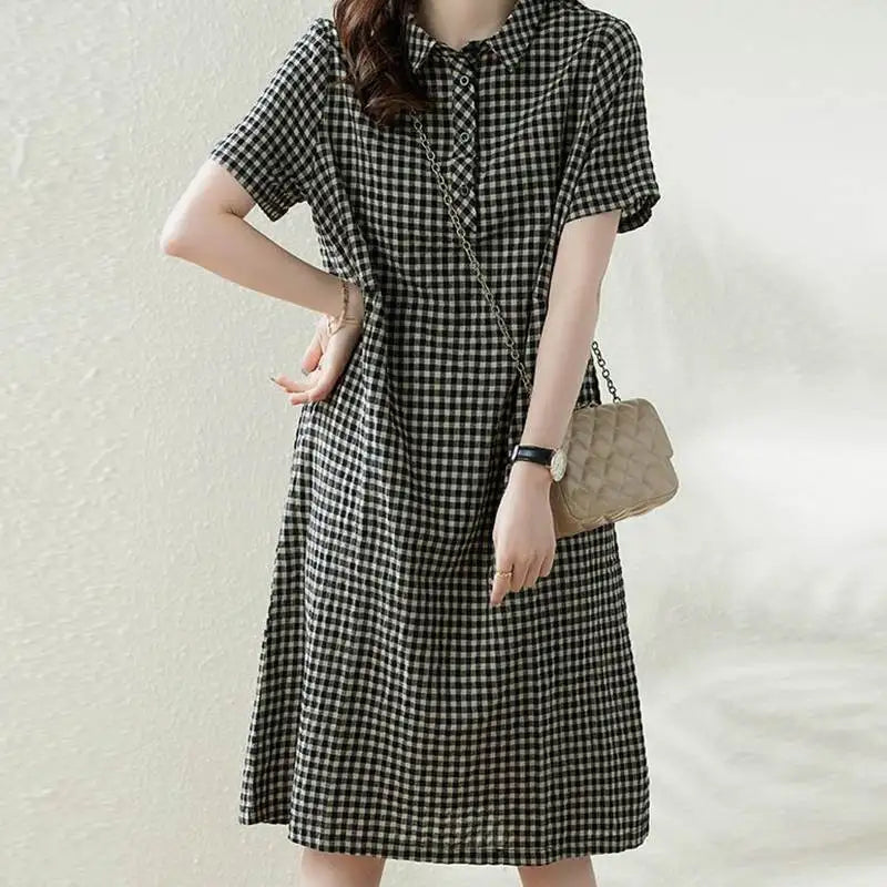 ZANZEA Women Plaid Long Shirt Dress 2024 Summer Short Sleeve Midi Dress Fashion Office Lapel Neck Robe Casual Loose Lady Vestido