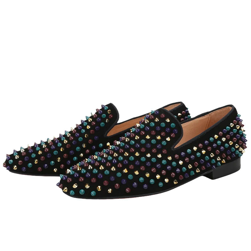 Luxury Brand Men's Loafers Same Style Black Suede with Handmade Mixed Colors Rivets