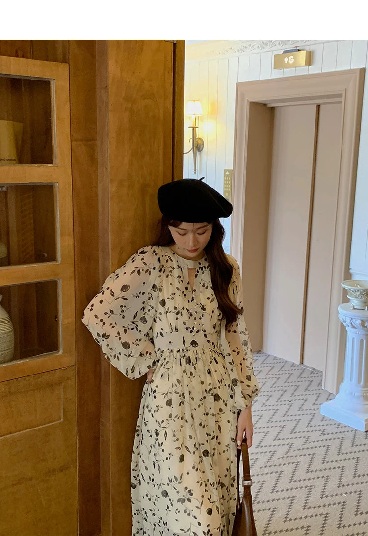 Floral Midi Dress Women Sweet A-Line Long Sleeve Hollow Out Dress Elegant High Waist Casual Long Dress Daily or Vacation Outfits