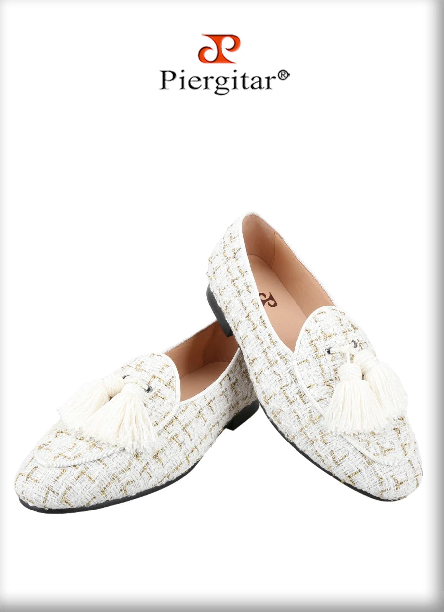 Piergitar 2025 White And Black Colors Tweed Men's Loafers With Handmade Tassels British Classic Style Slip-On Smoking Slippers