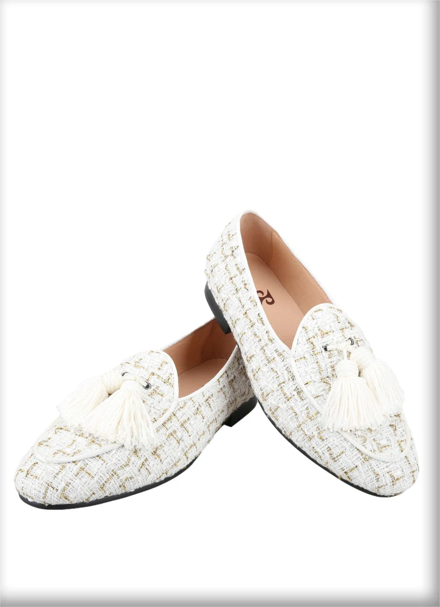 The British Classic style slip-on smoking slippers in White and Black Tweed with Handmade Tassels.