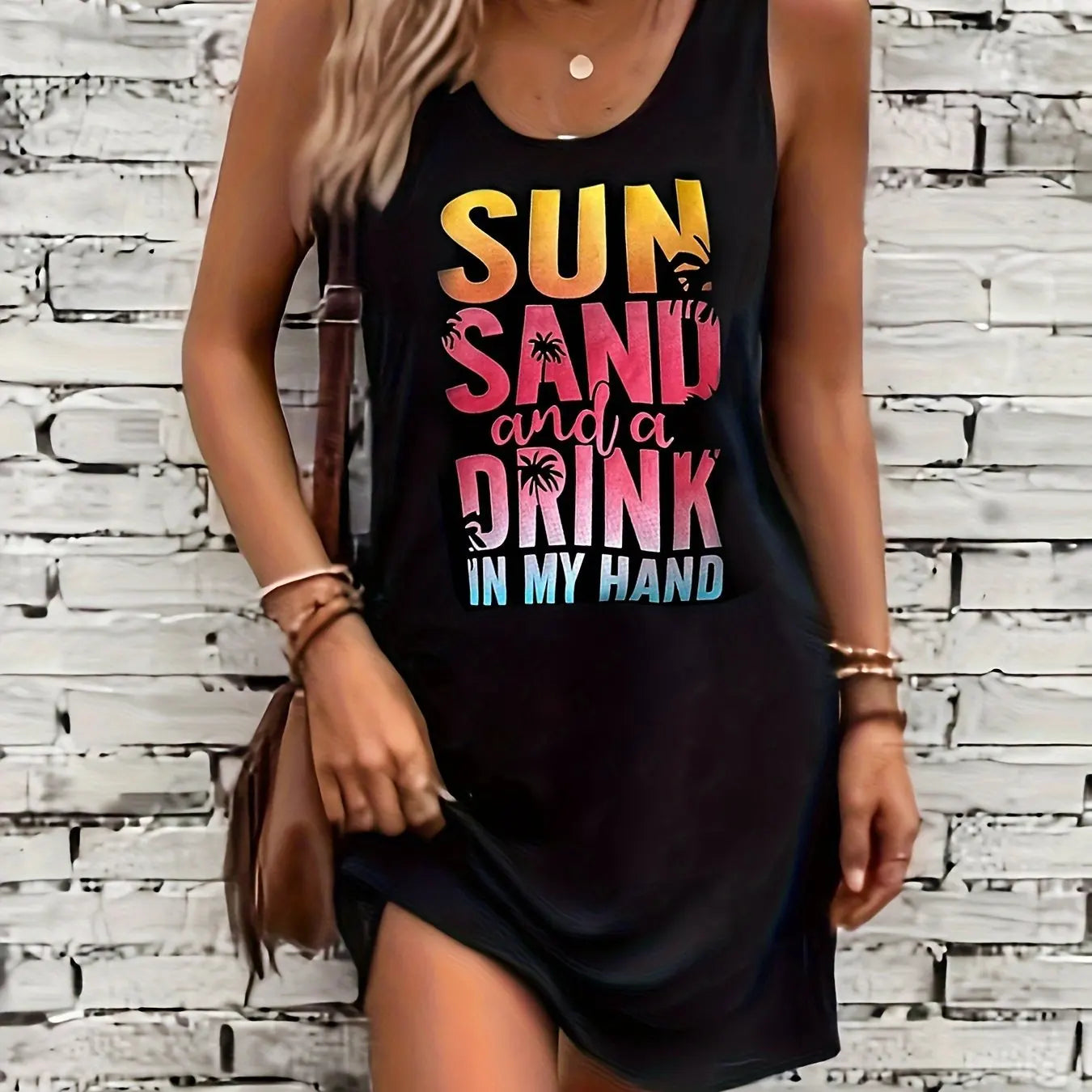 Women's Summer Sleeveless Tank Top Dress Sexy Women's summer loose sleeveless short mini dress with black print
