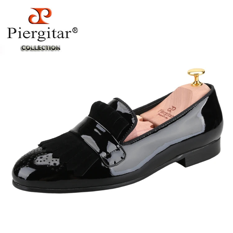 Piergitar New Style Handmade Patent Leather Shoes With Classical Brogue Printing And Suede Fringe Party/Wedding Men's Loafers