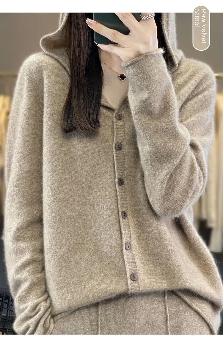 First Line 100% Merino Wool Knitted Cardigan Women's Autumn And Winter Hoodie Loose Sweater Fashionable Versatile Coat Top YC014