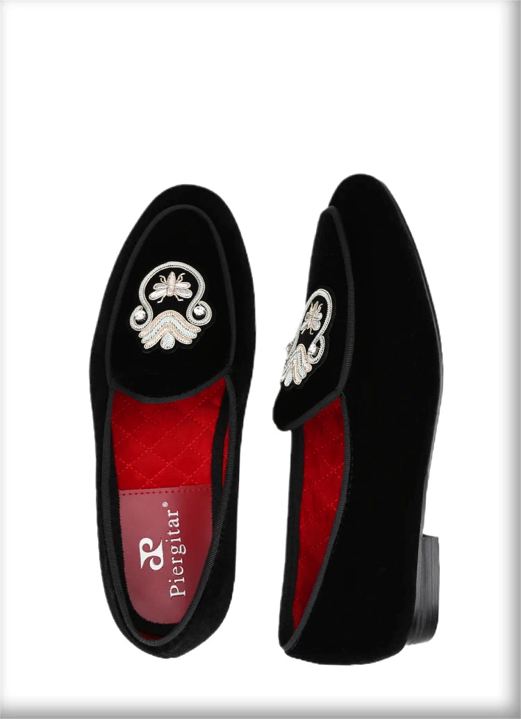 Black Velvet Men's Loafers with Embroidered Bee Rhinestone Patches and Red Outsole