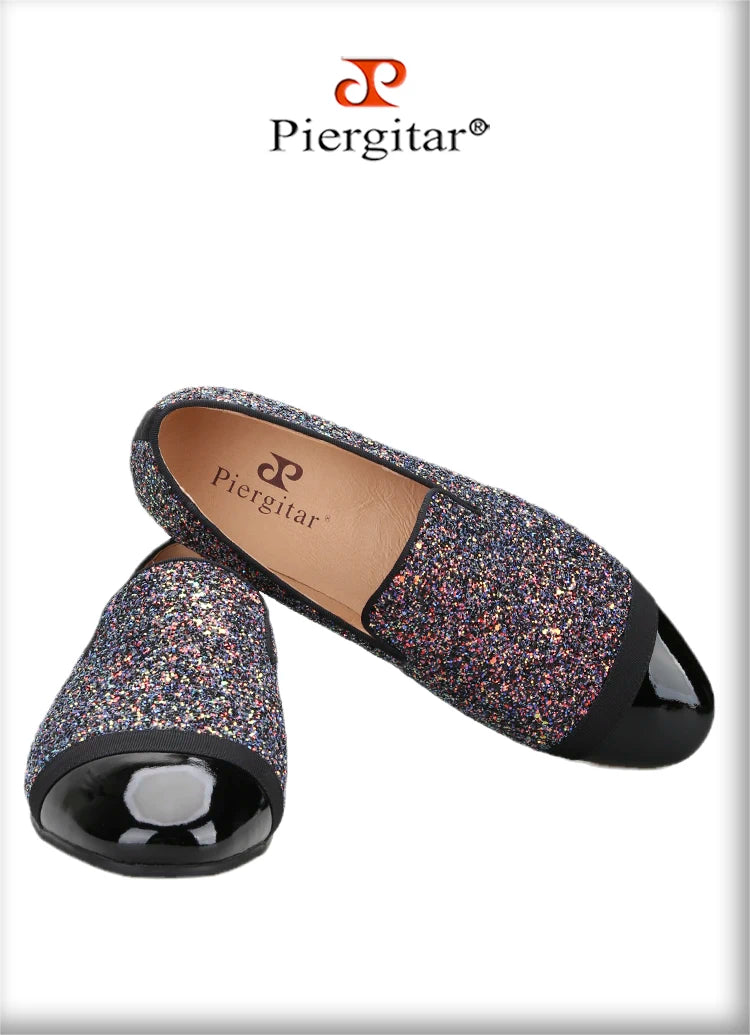 Piergitar Flash Purple Sequined Canvas Slippers With Patent Leather Toes Handmade Men Moccasins For Party And Wedding Plus Size