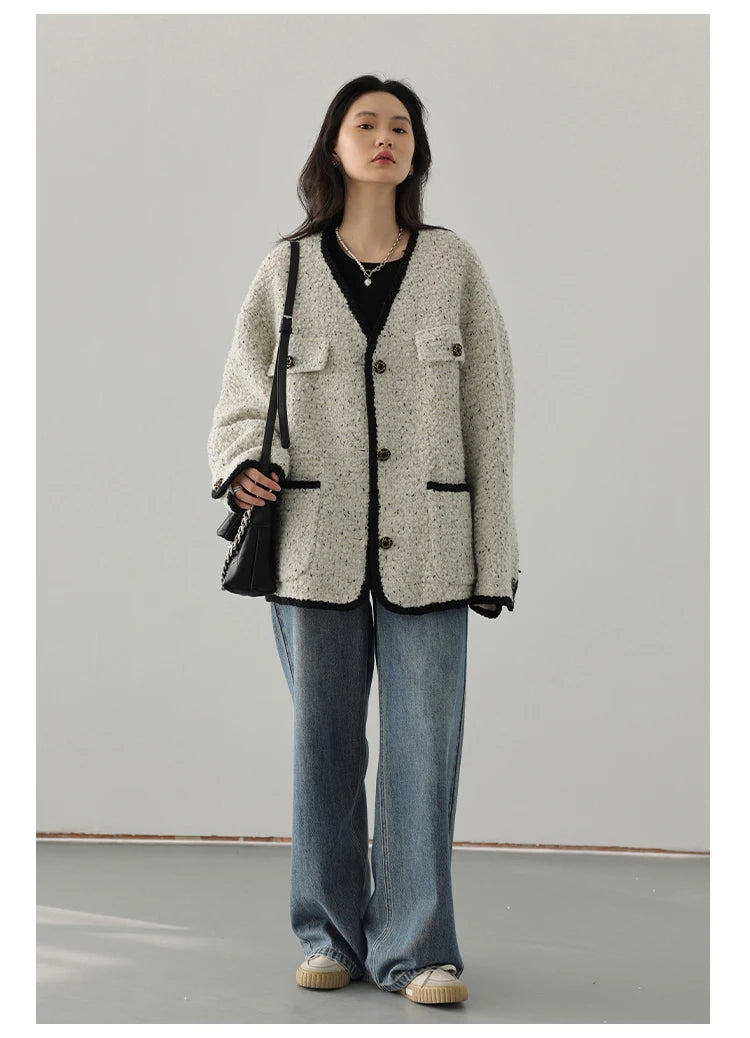 CHIC VEN Women's Woolen Coat Heavy Industry Down Jacket Vintage V-Neck Woman Down Coat Female Tops Autumn Winter 2024