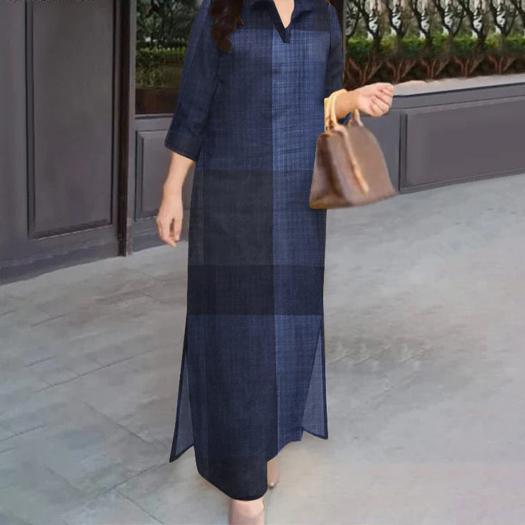 Women Dresses 2025 Vintage Plaid Checked Sundress Lapel Neck 3/4 Sleeve