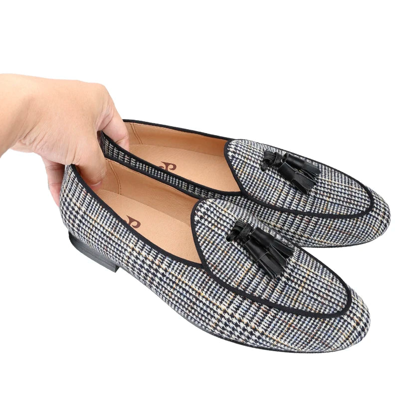 Piergitar Gray Color Gingham Cotton Men's Loafers With Leather Tassels Fashion Party Handmade Smoking Slippers Slip-On Flats