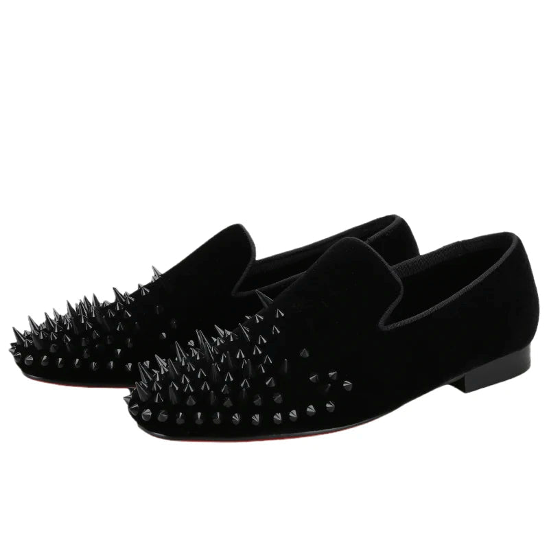 Slip on Red Color Bottom Smoking Slippers with Handmade Spikes in Black Velvet for Men