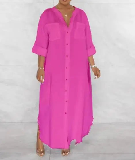 Women Loose Long Sleeve Open Neck Dress