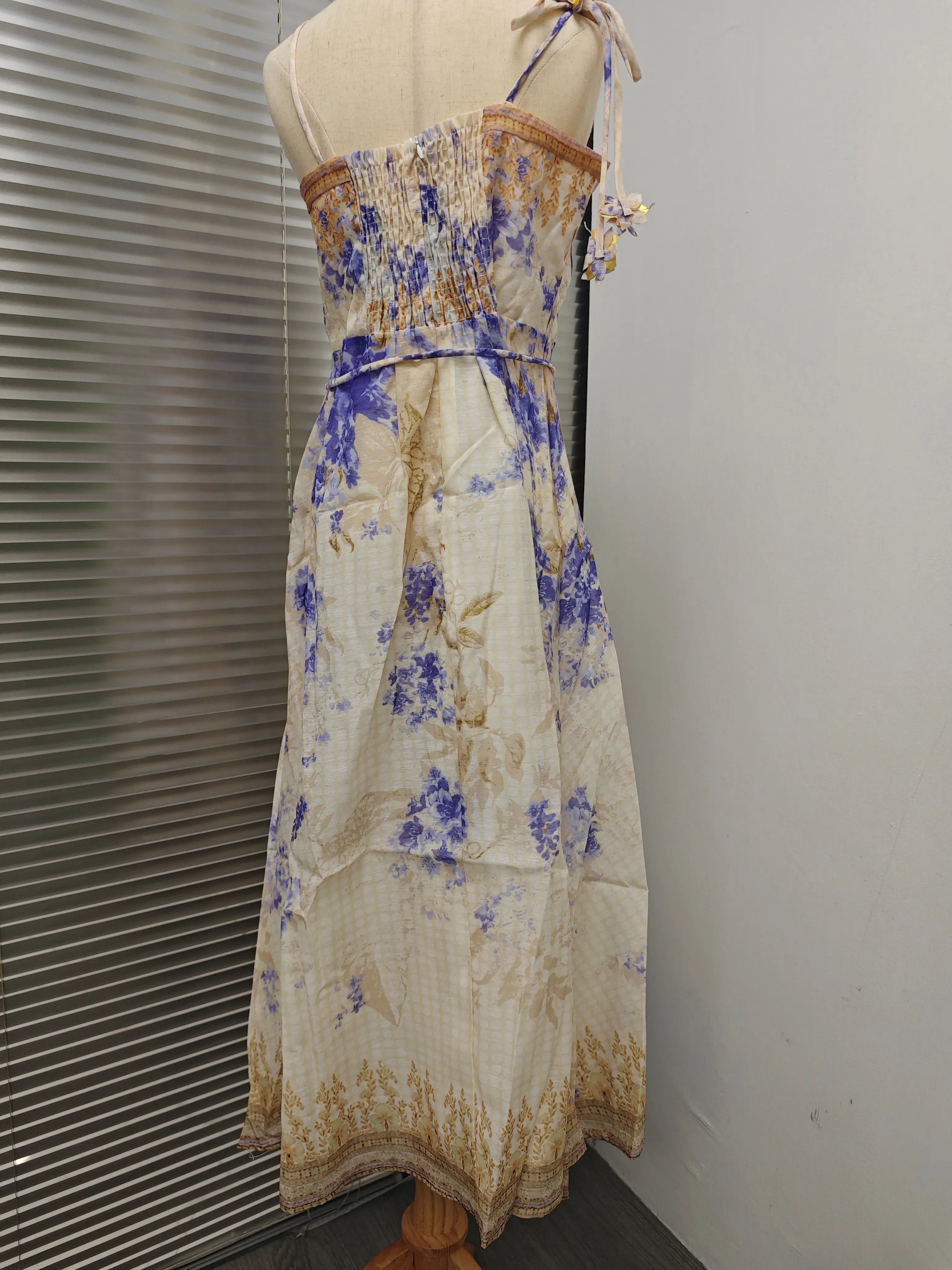 2025 New French High Quality Luxury Chic Dress Appliques Floral Print Spring Summer Strapless Women Holiday Spaghetti Midi Dress